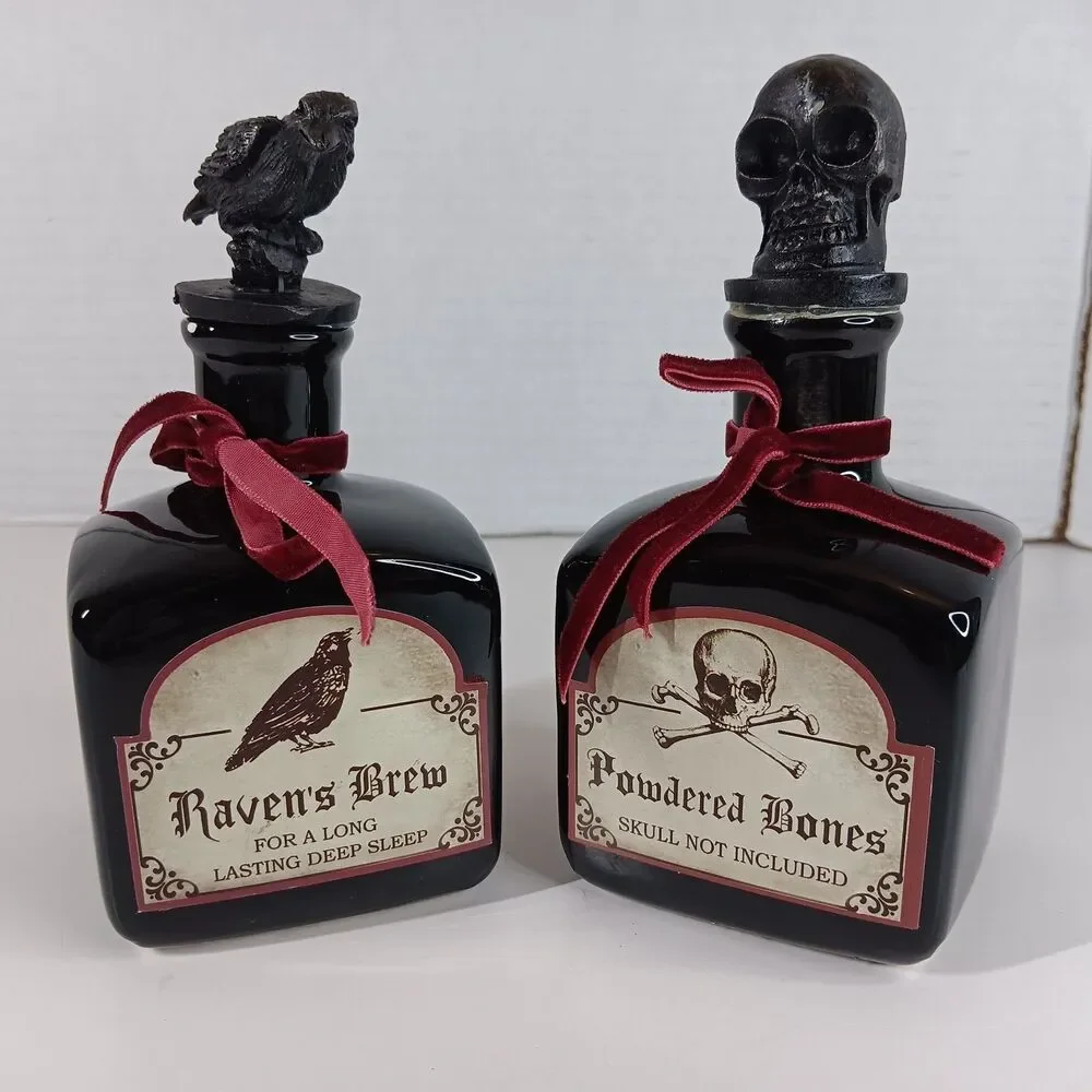 Ashland Ceramic Potion Bottle Halloween Decor Skull Bones Raven Goth Gothic